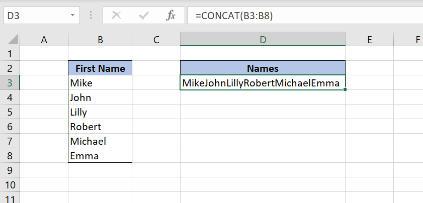 Image 8. Concatenating the range with the CONCAT function