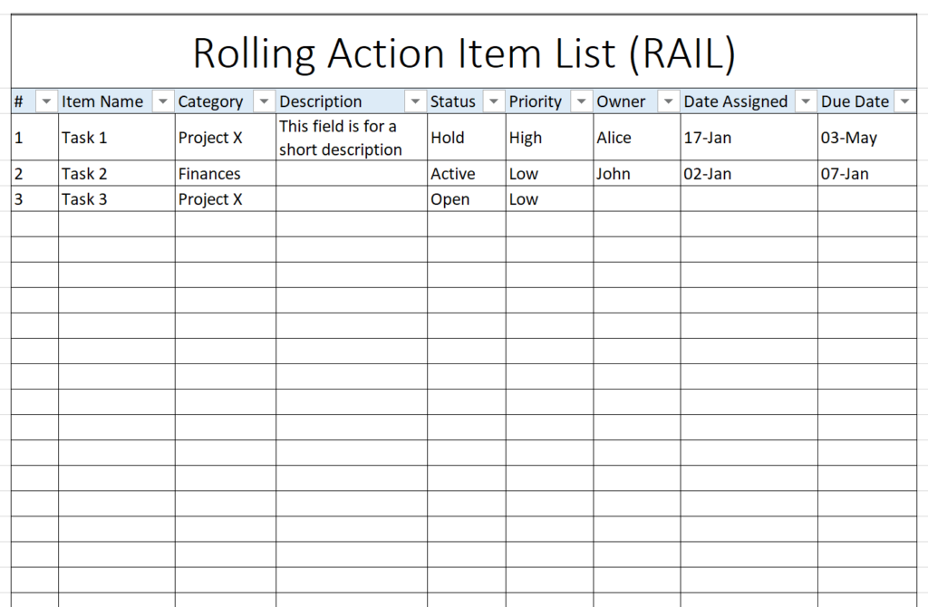 Action Item Template from tutorialsforexcel.com