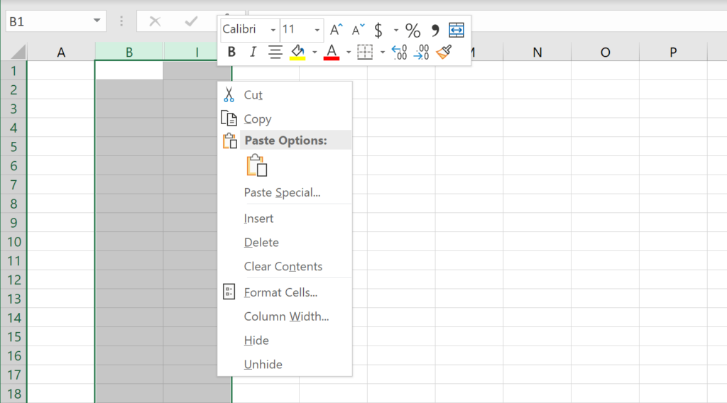 Example of how to unhide a section of columns